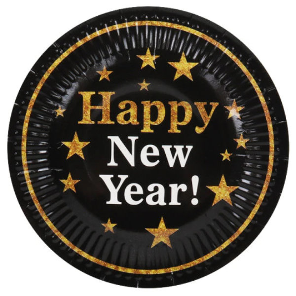 Karton-Teller Happy New Year Schwarz/Gold